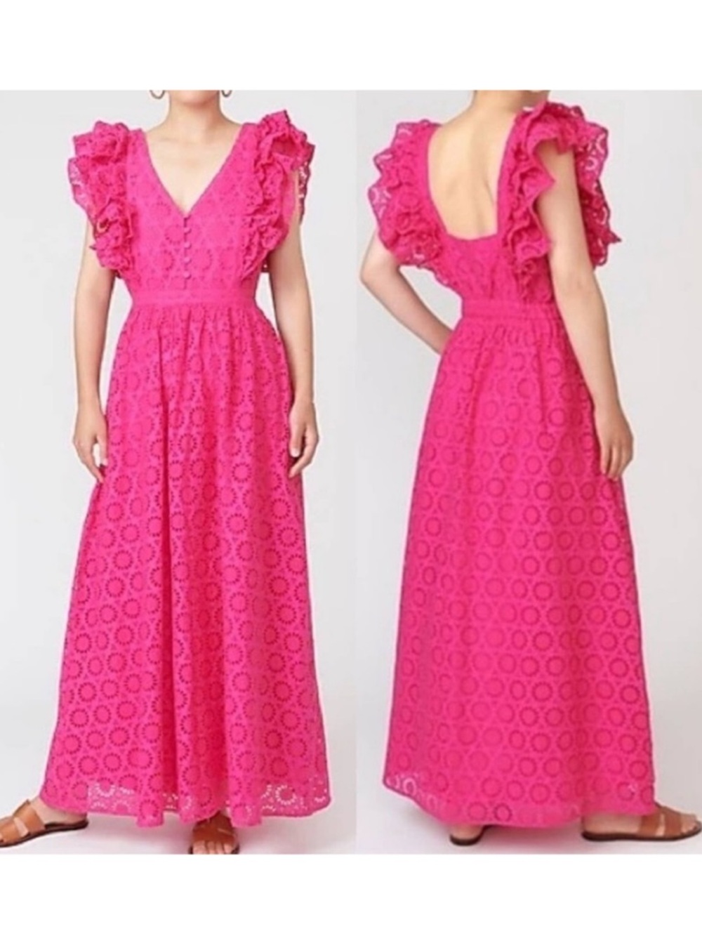 NWT J. Crew Ruffle-sleeve maxi dress in eyelet - Neon Flamingo Sz 0